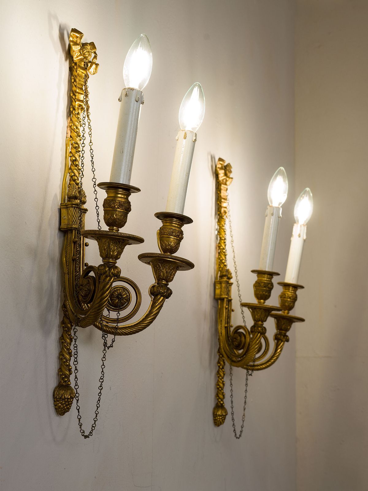 Pair Of Hand Chiseled Gilt Bronze Wall Sconces, France, Napoleon III Period.