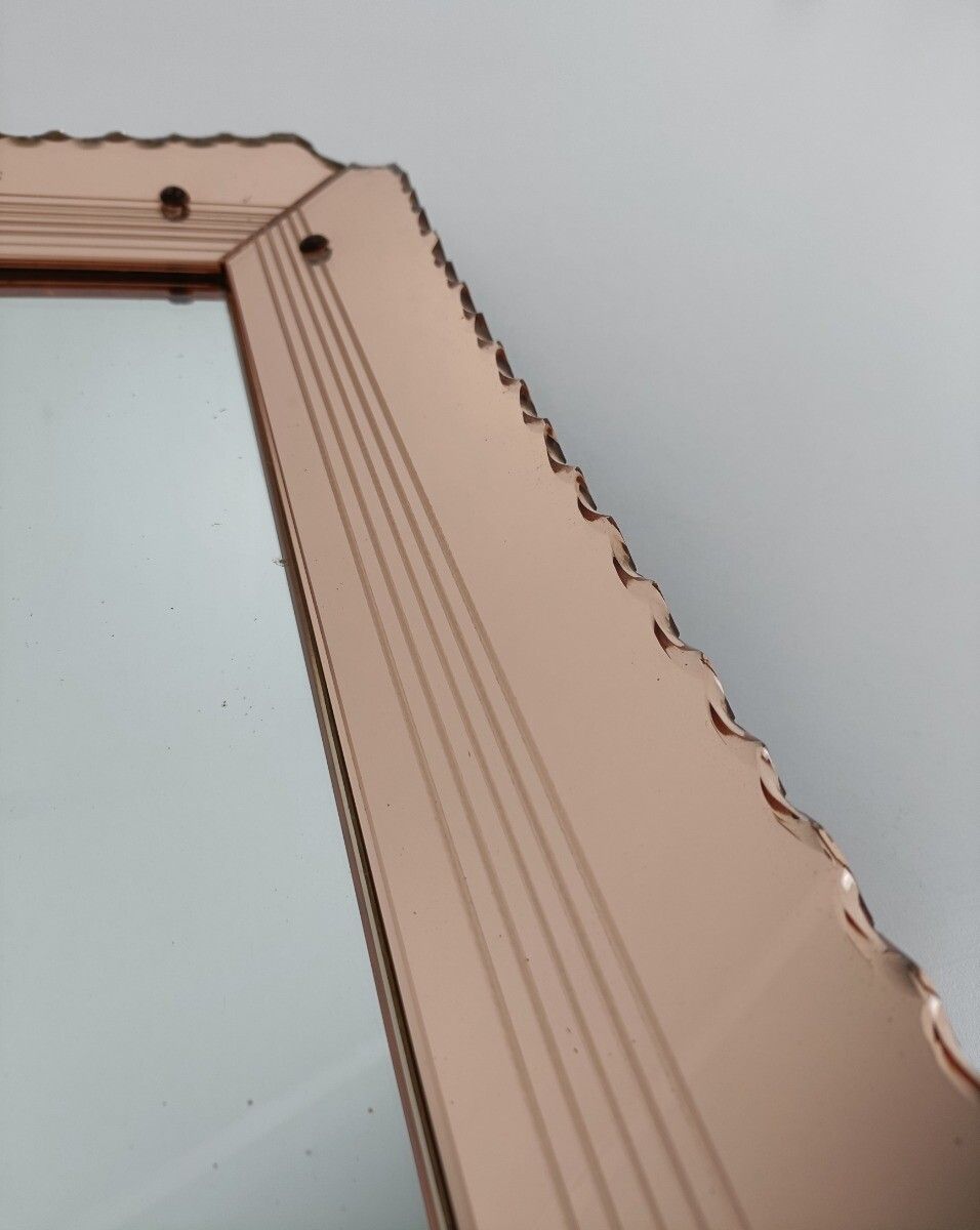 Art Deco Nouveau Wall Hanging Ornate Mirror Pink Clear Etched Glass Vanity Dress photo vintage
