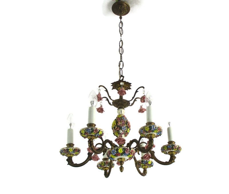 Italian Chandelier 6  Arm Lights Ornate Brass Porcelain Flowers Exquisite Wow
