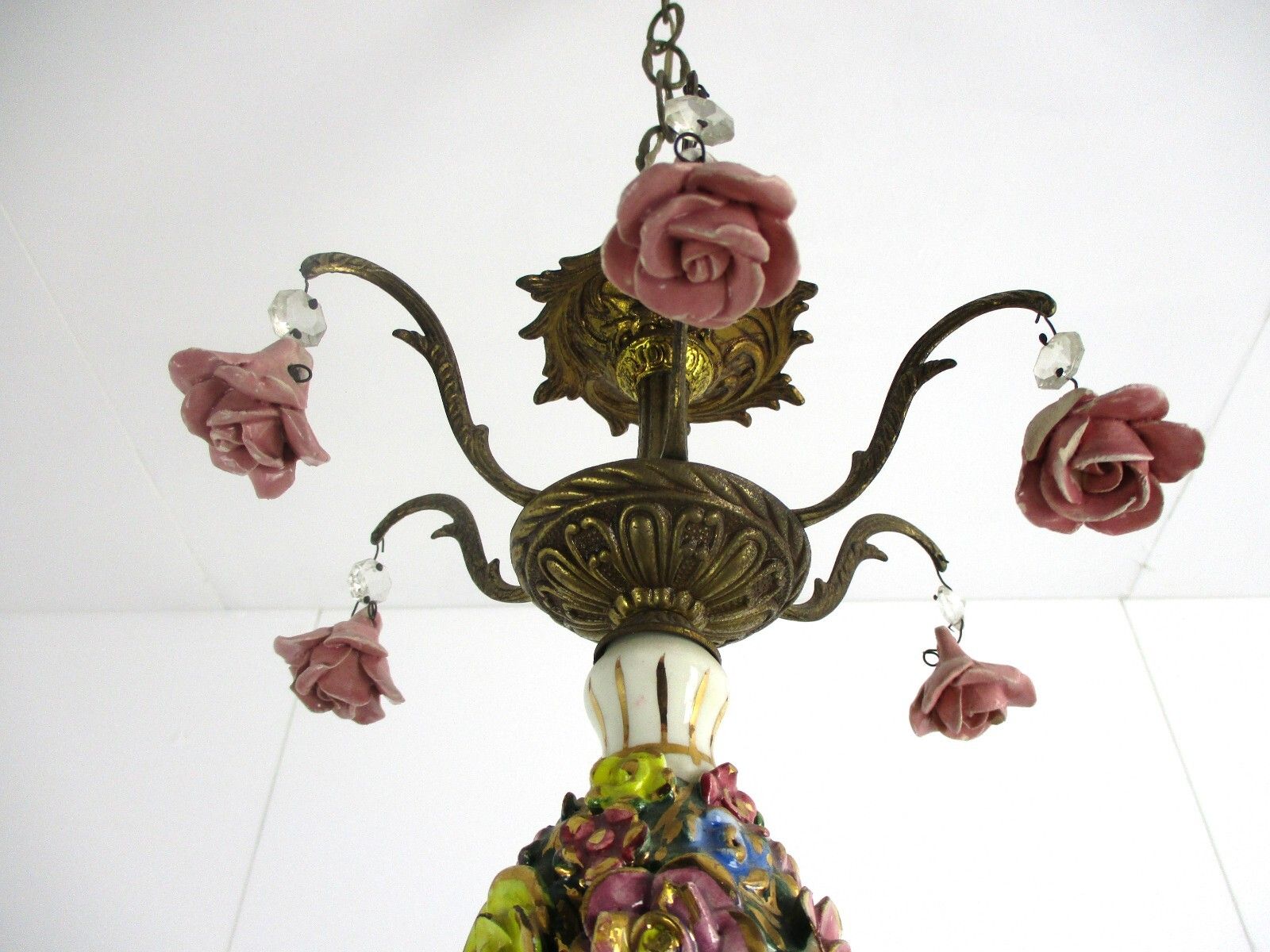 Italian Chandelier 6  Arm Lights Ornate Brass Porcelain Flowers Exquisite Wow photo Lighting