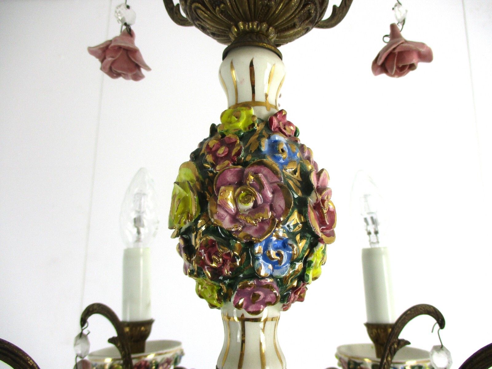 Italian Chandelier 6  Arm Lights Ornate Brass Porcelain Flowers Exquisite Wow photo buy