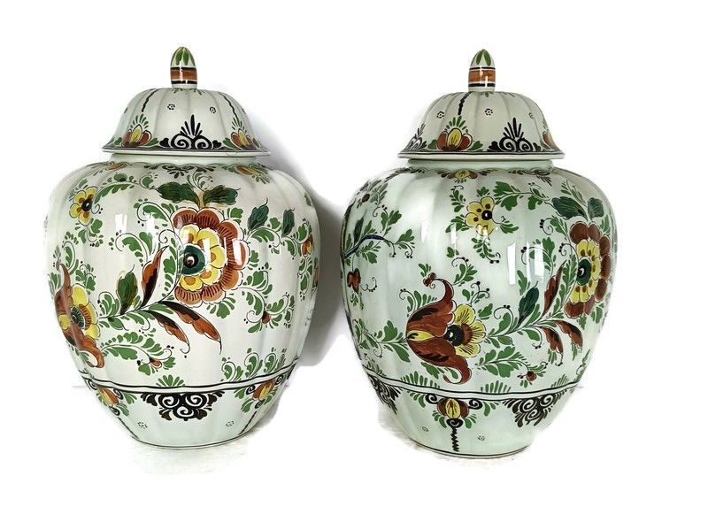 Couple Of Vases Urns Hand Painted Lidded Polychrome Delft Birds Marked