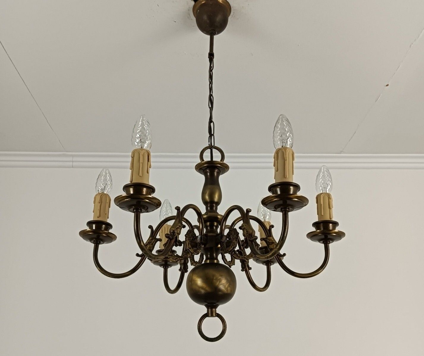 Medium Chandelier Flemish Dutch Brass Fish Vintage 6 Lights Farmhouse Country St photo vinterior