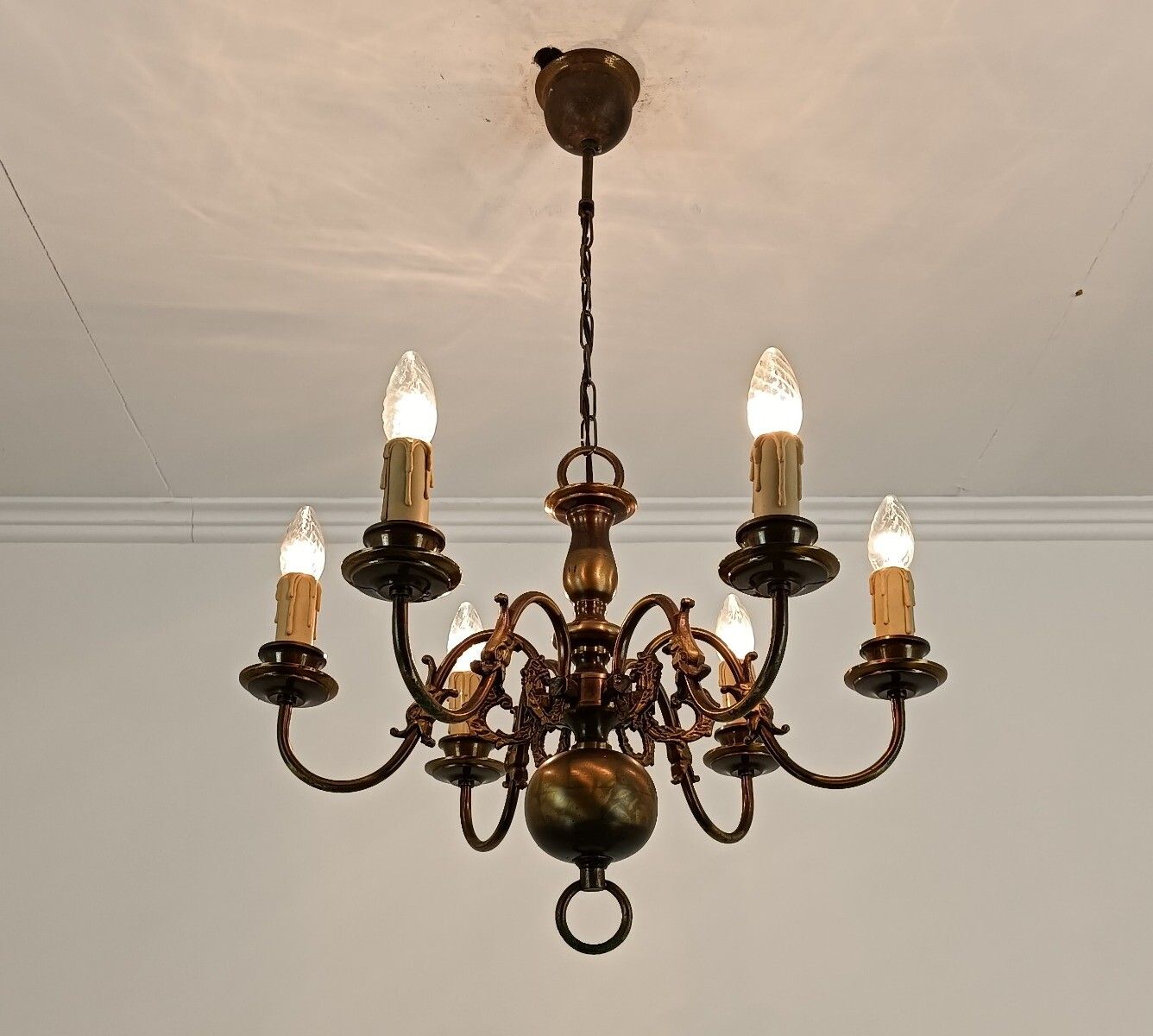 photo furniture Medium Chandelier Flemish Dutch Brass Fish Vintage 6 Lights Farmhouse Country St