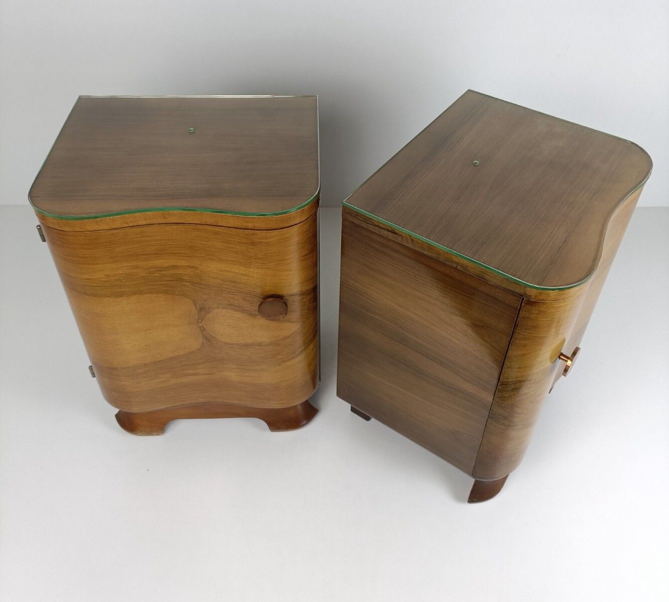 photo furniture Art Nouveau Deco Pair Nightstands Walnut Wood End Tables Cabinets Halabala Style