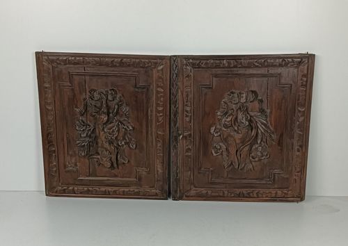 Pair Antique French Hand Carved Wood Door Panels Reclaimed Architectural Herons photo for sale