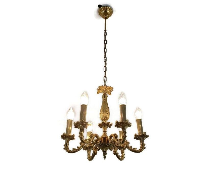 Vintage Brass French Chandelier Louis XV Style Ornate 6 Lights Hollywood Regency