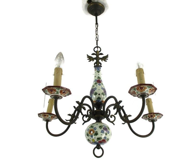 Vintage Delft Polychrome Porcelain Brass Chandelier 5 Lights Marked Htf Flowers