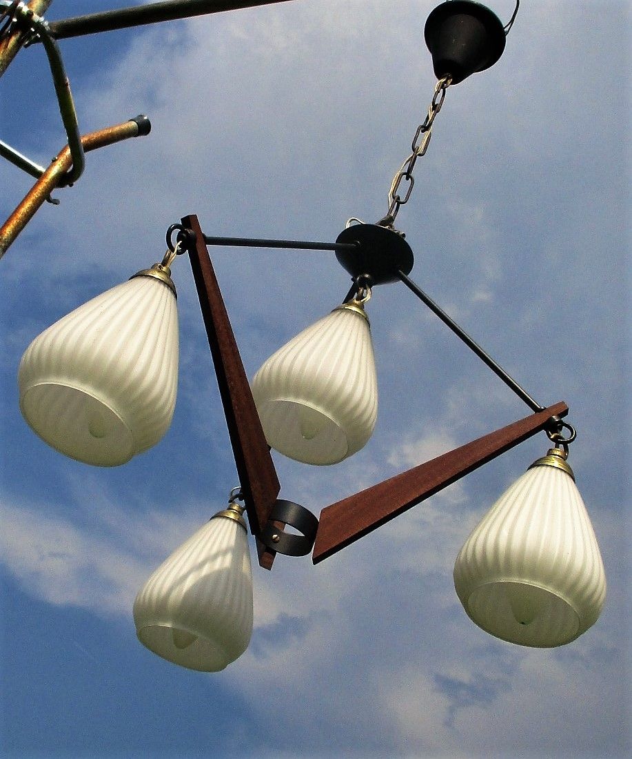 Danish Modern Chandelier Pendant Teak Atomic 4 Tear Drop Mid Century Vintage 50s photo for sale