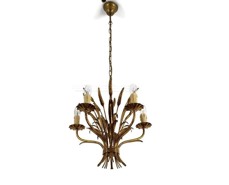French Hollywood Regency Chandelier Light Wheat Sheaf Vintage  5 Lights Gold Gil
