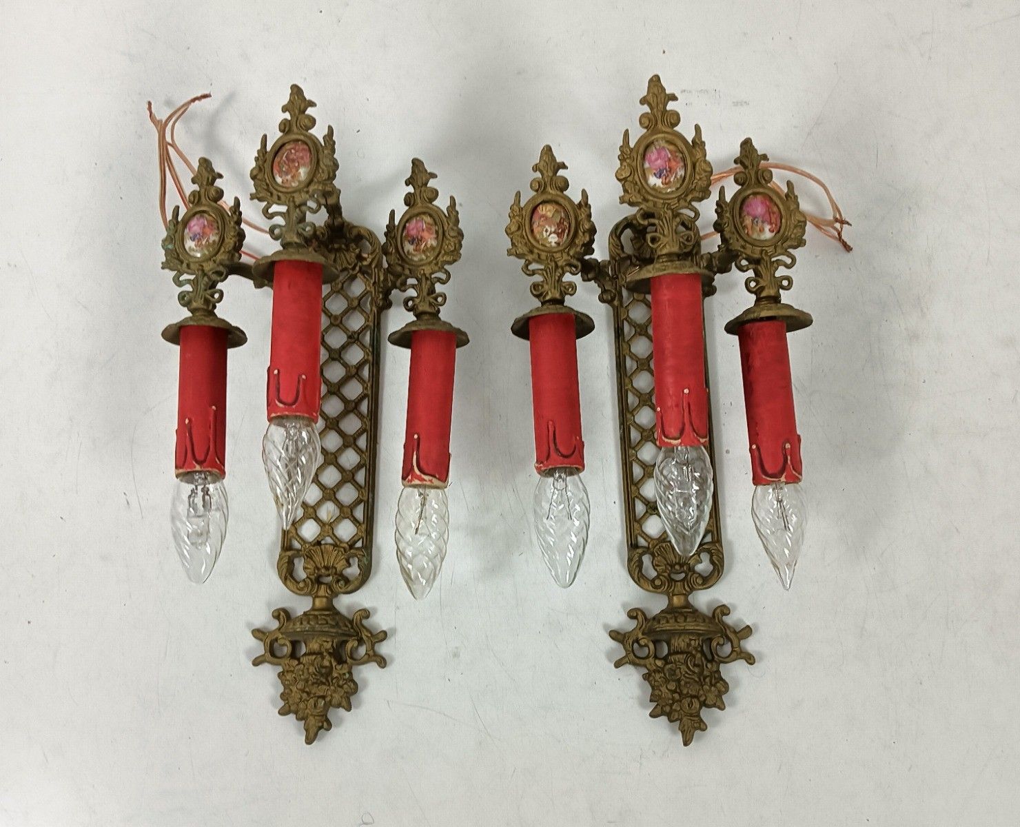 Pair French Brass Triple Wall Sconces Candelabras Victorian Style Limoges Sevres photo Lighting