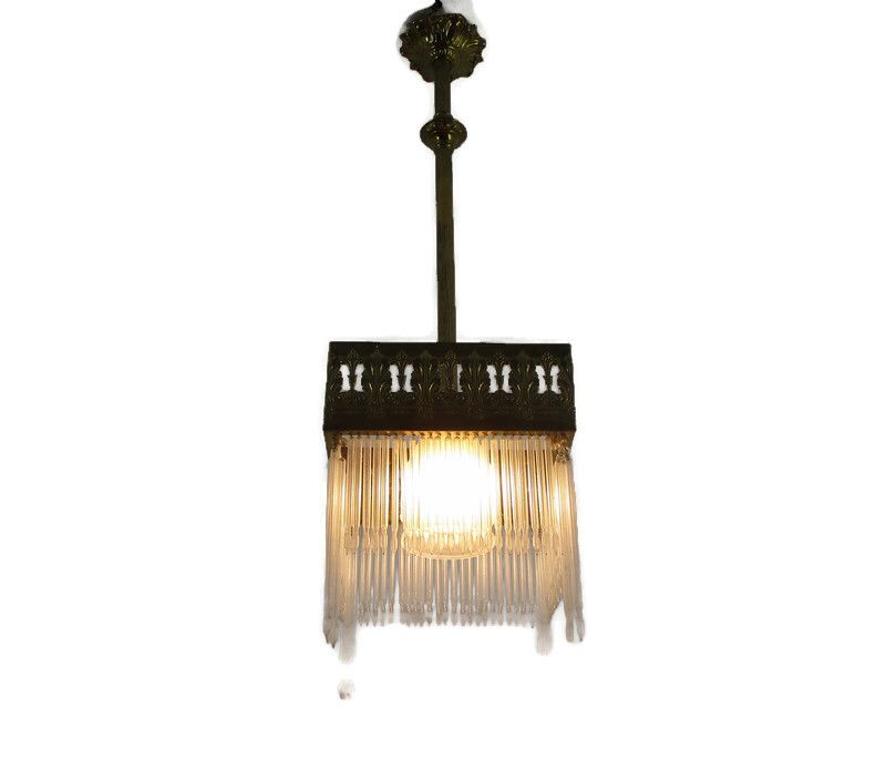 Jugendstil Hall Lamp Chandelier Prisms Copper Glass Antique Hanging Light photo furniture