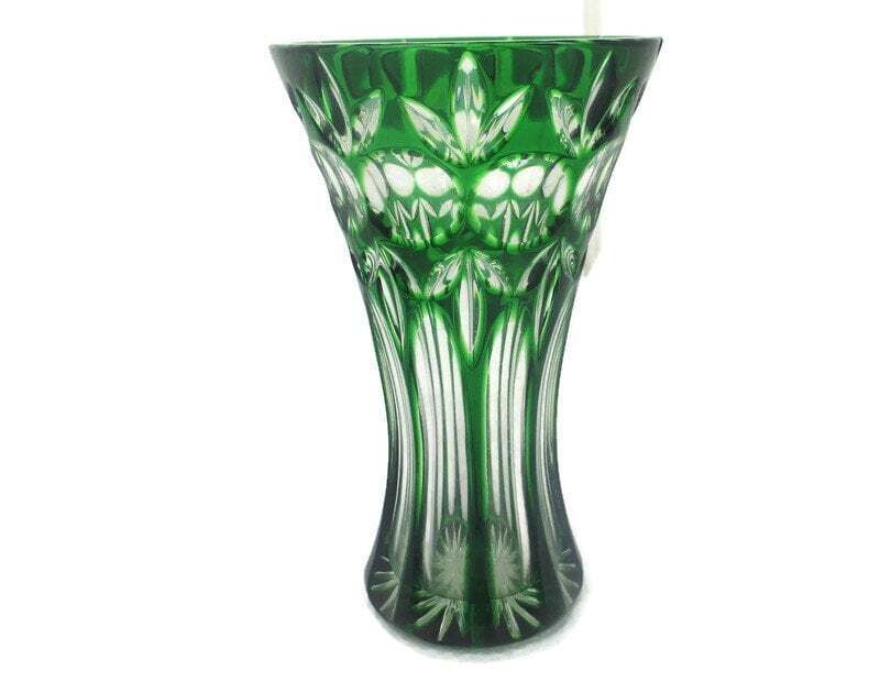 Green Cut To Clear Crystal Vase Val St Lambert Style? Art Glass