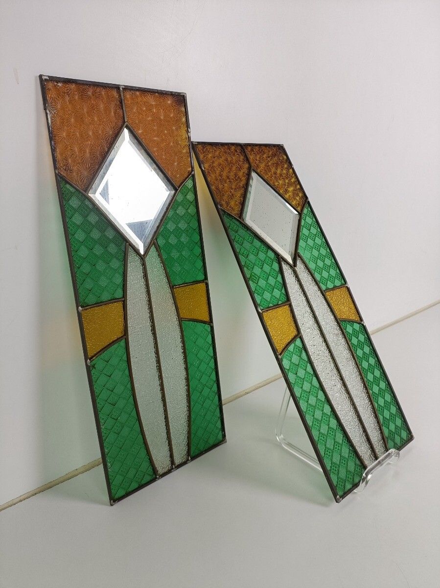 Pair Antique Glass Stained Leaded Glass Panels Beveled Glass Mirrors Architectur photo Home Decor