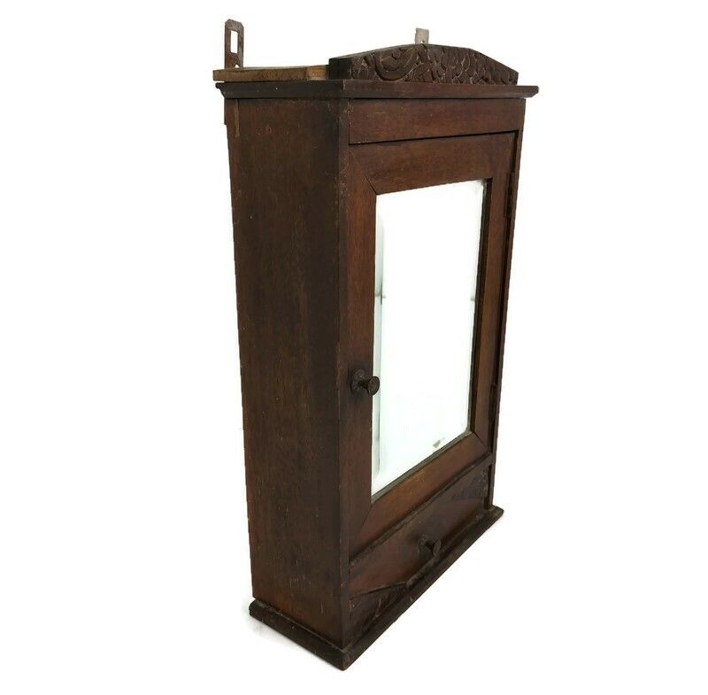 Antique Medicine Apothecary Pharmacy Cabinet Carved Wood  Beveled Glass, Shaving