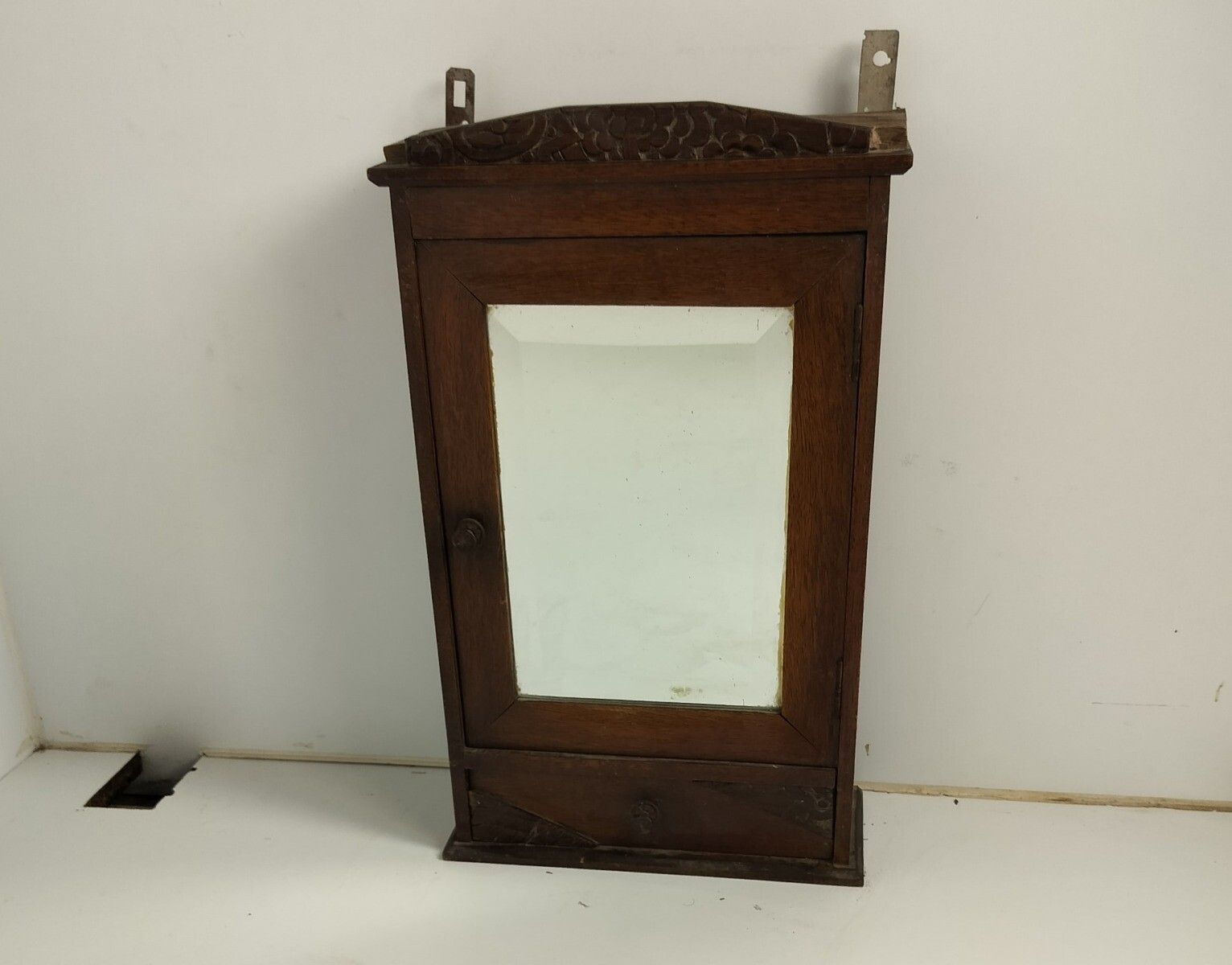 Antique Medicine Apothecary Pharmacy Cabinet Carved Wood  Beveled Glass, Shaving photo for sale