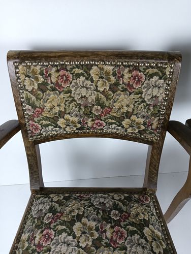 Pair Art Deco Bridge Chairs Wood Antique Needlepoint Fabric Hobnails Rare Find photo 769.0