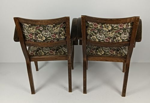 769.0 Pair Art Deco Bridge Chairs Wood Antique Needlepoint Fabric Hobnails Rare Find photo