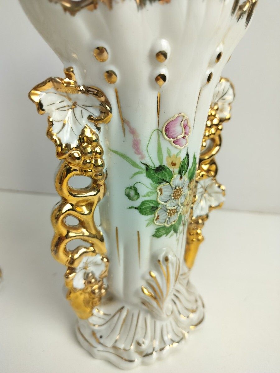 Lovely Couple Antique French  Porcelain Fan Flair Bridal Vases  Hand Painted Ena photo for sale