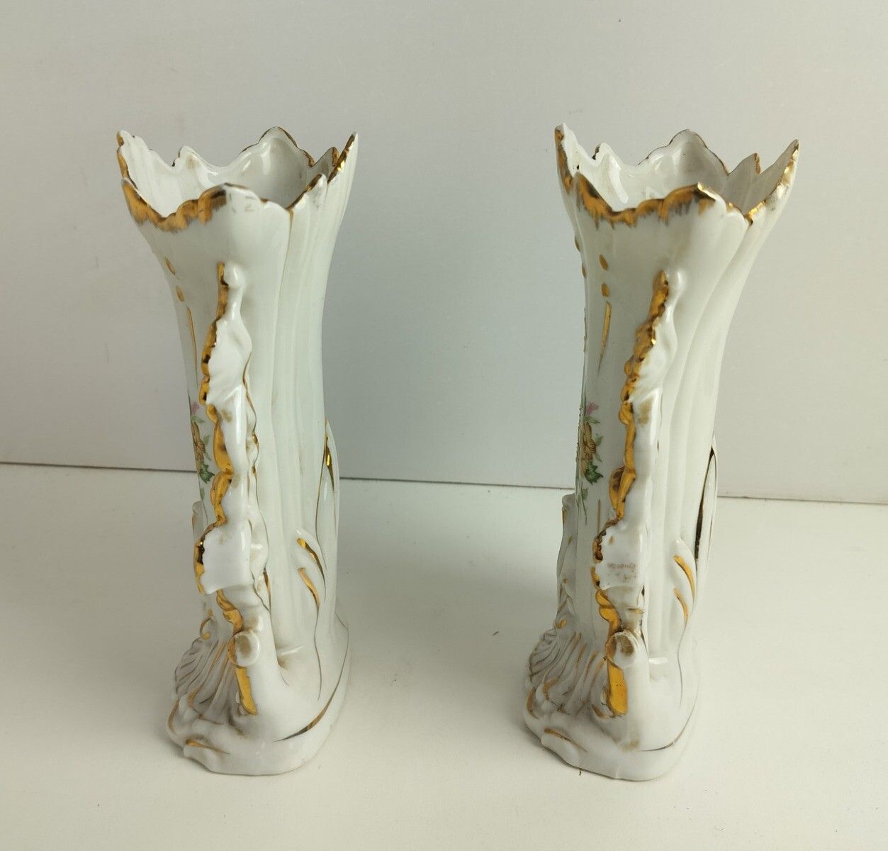 Lovely Couple Antique French  Porcelain Fan Flair Bridal Vases  Hand Painted Ena photo vinterior