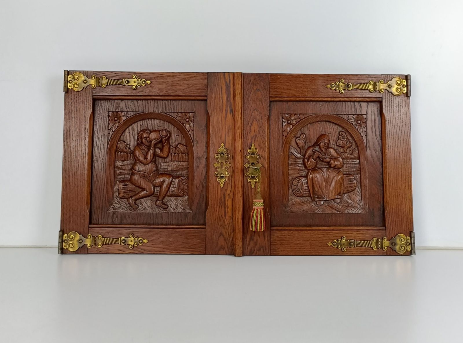 Pair Vintage Carved Wood Door Panels Breughel Style Architectural Salvaged Brass photo furniture