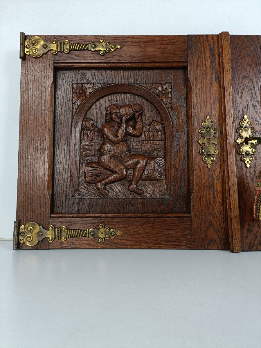 Pair Vintage Carved Wood Door Panels Breughel Style Architectural Salvaged Brass photo buy