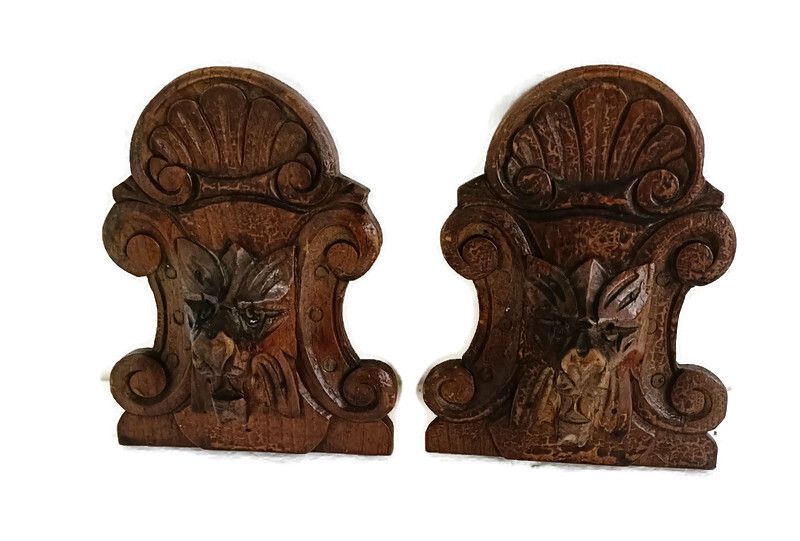 Pair Antique Corbels Hand Carved Wood Architectural Reclaimed Lions  Trims Salva