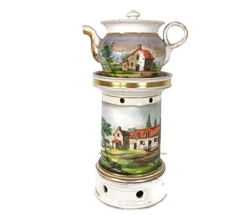 Antique  Porcelain Teapot Veilleuse Tea Warmer Nightlight Marked D.F. Hand Paint