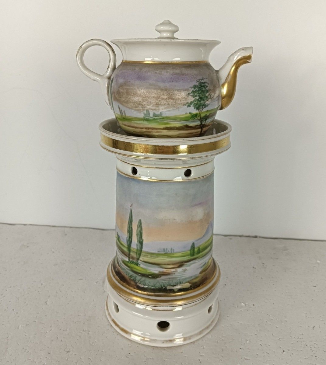 photo furniture Antique  Porcelain Teapot Veilleuse Tea Warmer Nightlight Marked D.F. Hand Paint