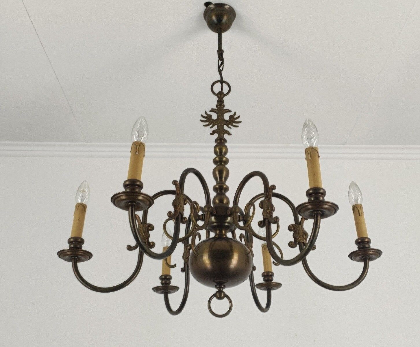 Flemish Dutch Chandelier 6 Arm Lights Brass Barn Farm Countryhouse Style Eagles photo for sale