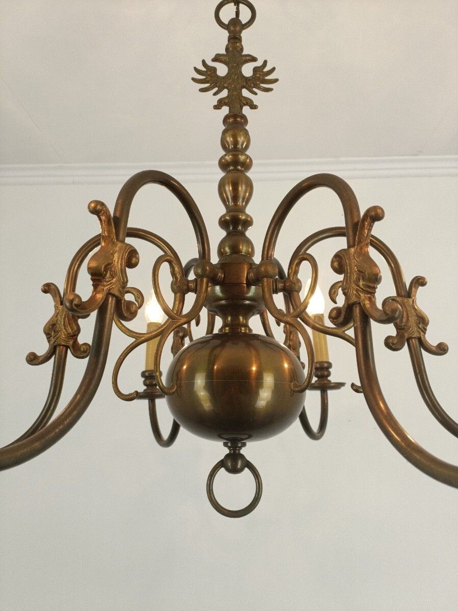 Flemish Dutch Chandelier 6 Arm Lights Brass Barn Farm Countryhouse Style Eagles photo vinterior