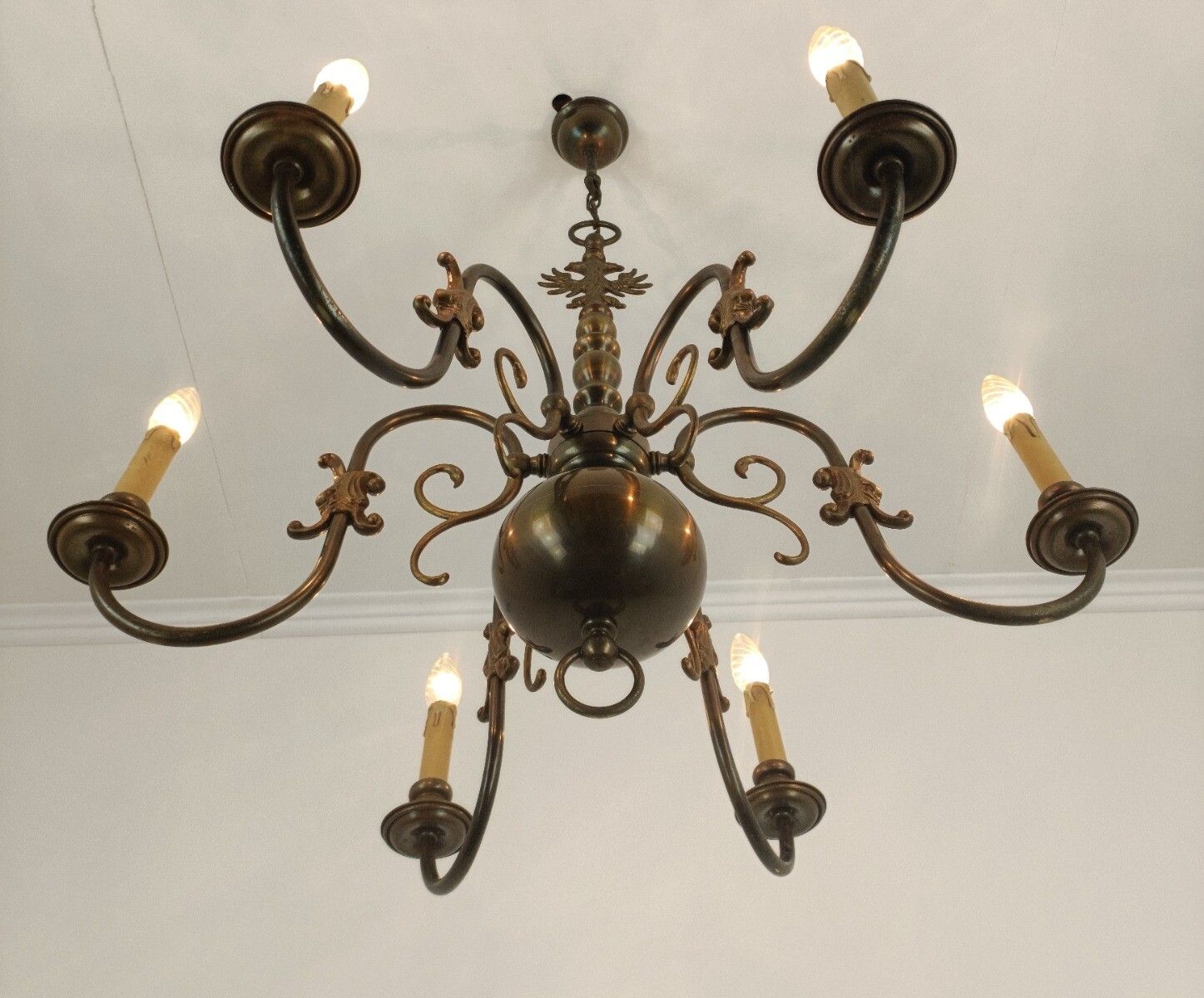 Flemish Dutch Chandelier 6 Arm Lights Brass Barn Farm Countryhouse Style Eagles photo vintage
