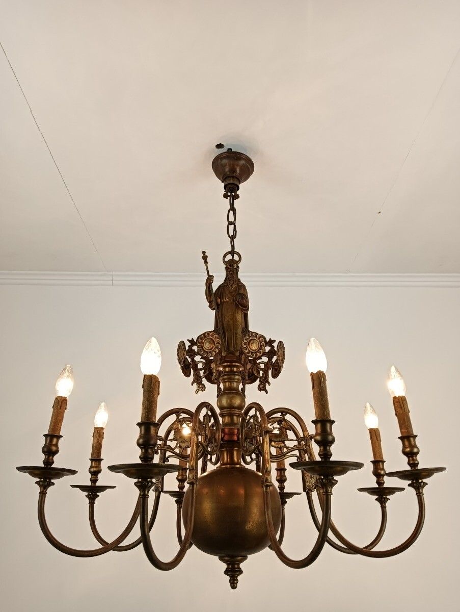 Stunning Flemish Bronze Hunting Castle Chandelier Saint Hubertus Horn Deer 8 L photo furniture