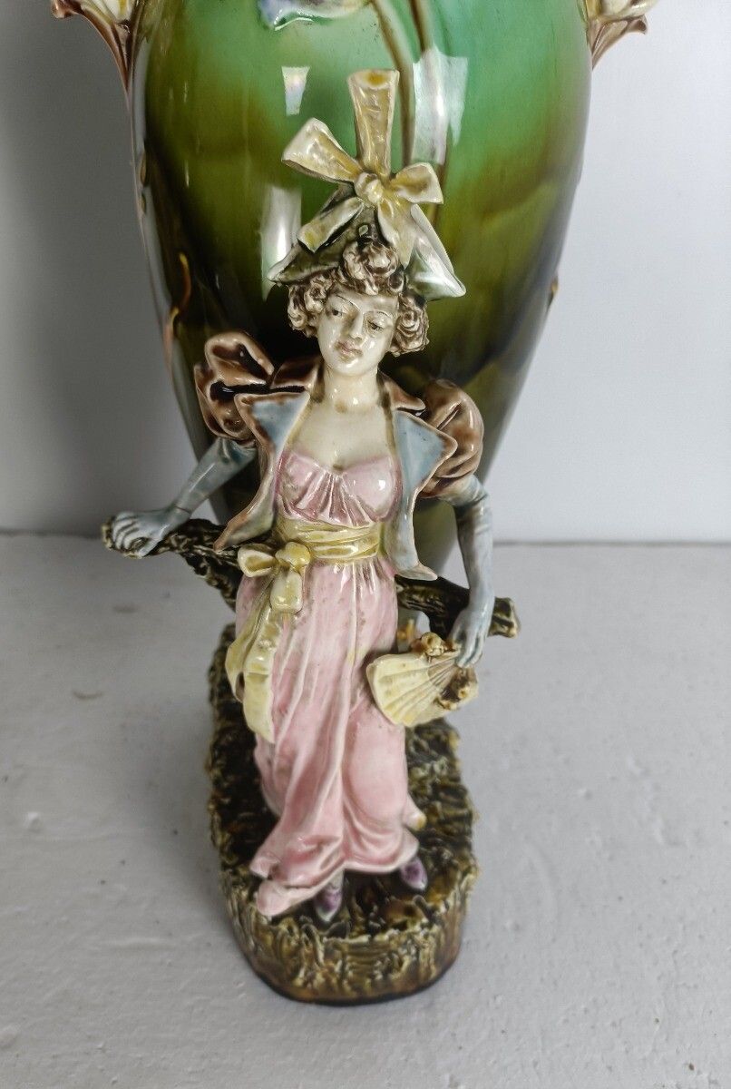 Art Nouveau French Pair Barbotine Majolica Large Vases Lady Man Figurines  Gorge photo furniture