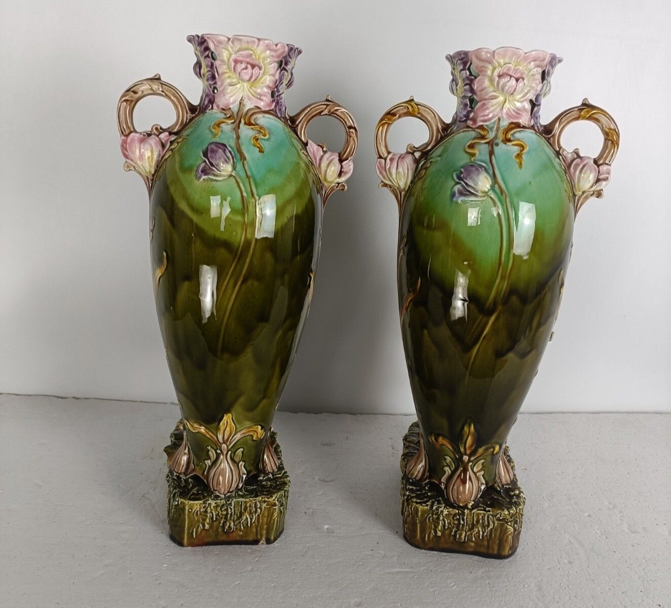 Art Nouveau French Pair Barbotine Majolica Large Vases Lady Man Figurines  Gorge photo Home Decor