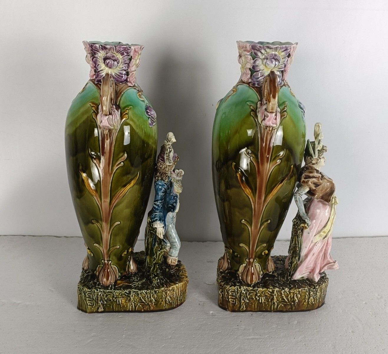 Art Nouveau French Pair Barbotine Majolica Large Vases Lady Man Figurines  Gorge photo 688.0