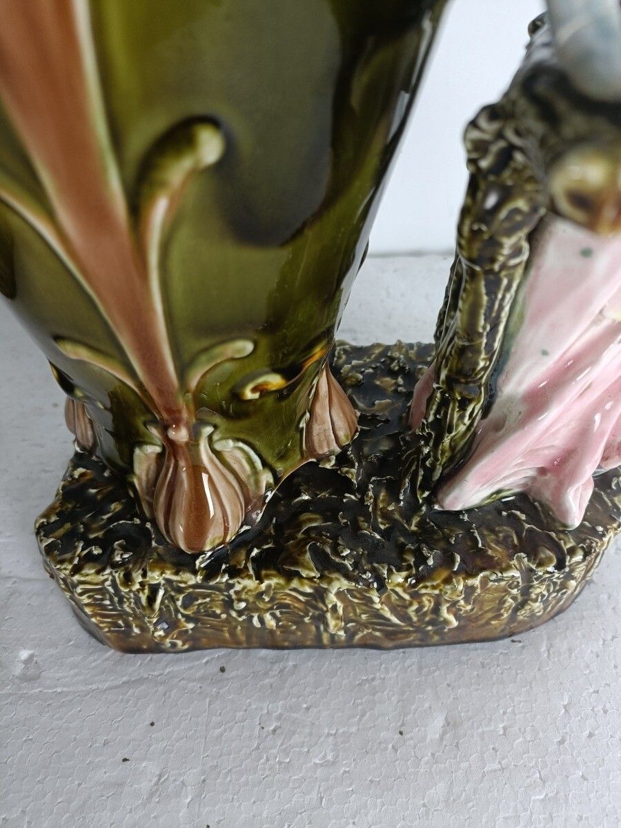 Art Nouveau French Pair Barbotine Majolica Large Vases Lady Man Figurines  Gorge photo vintage