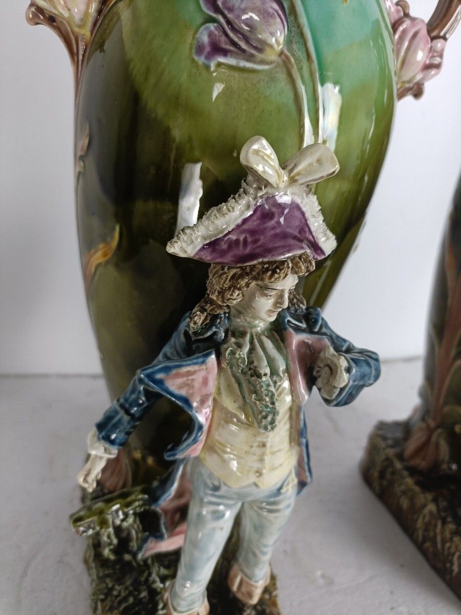 photo for sale Art Nouveau French Pair Barbotine Majolica Large Vases Lady Man Figurines  Gorge