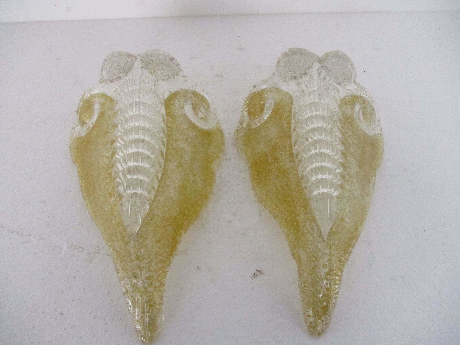 Pair Mid Century Murano Gold Flecks Glass Leaf Wall Sconces Barovier & Toso Art photo for sale