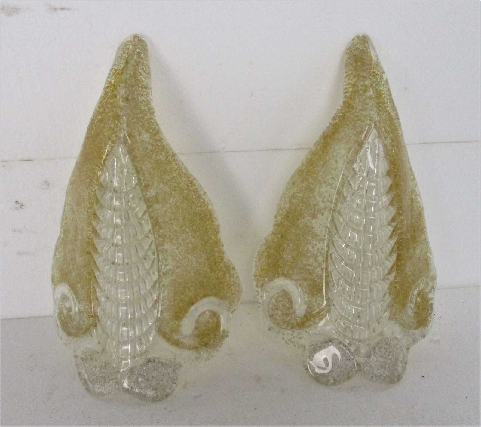 Pair Mid Century Murano Gold Flecks Glass Leaf Wall Sconces Barovier & Toso Art photo 324.0