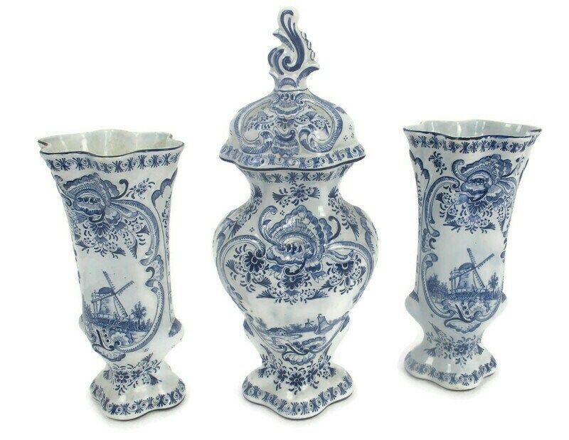 Antique  Delft Blue White Garniture Set Two Vases Urn Lidded Extremely Rare 3