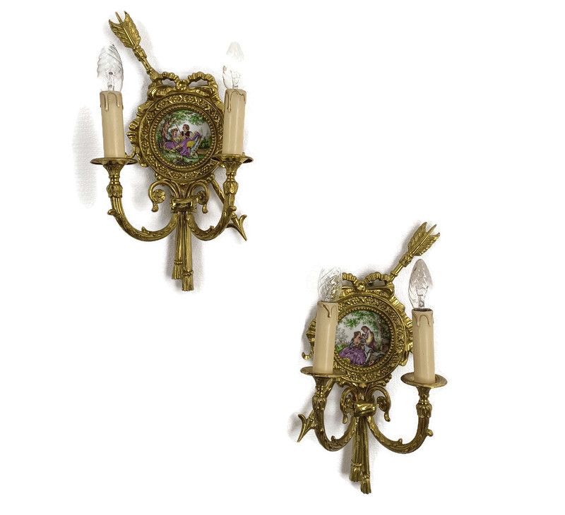 Gorgeous Pair Of Wall Sconces Lights Lamps Bronze Medallions Limoges Fragonard W