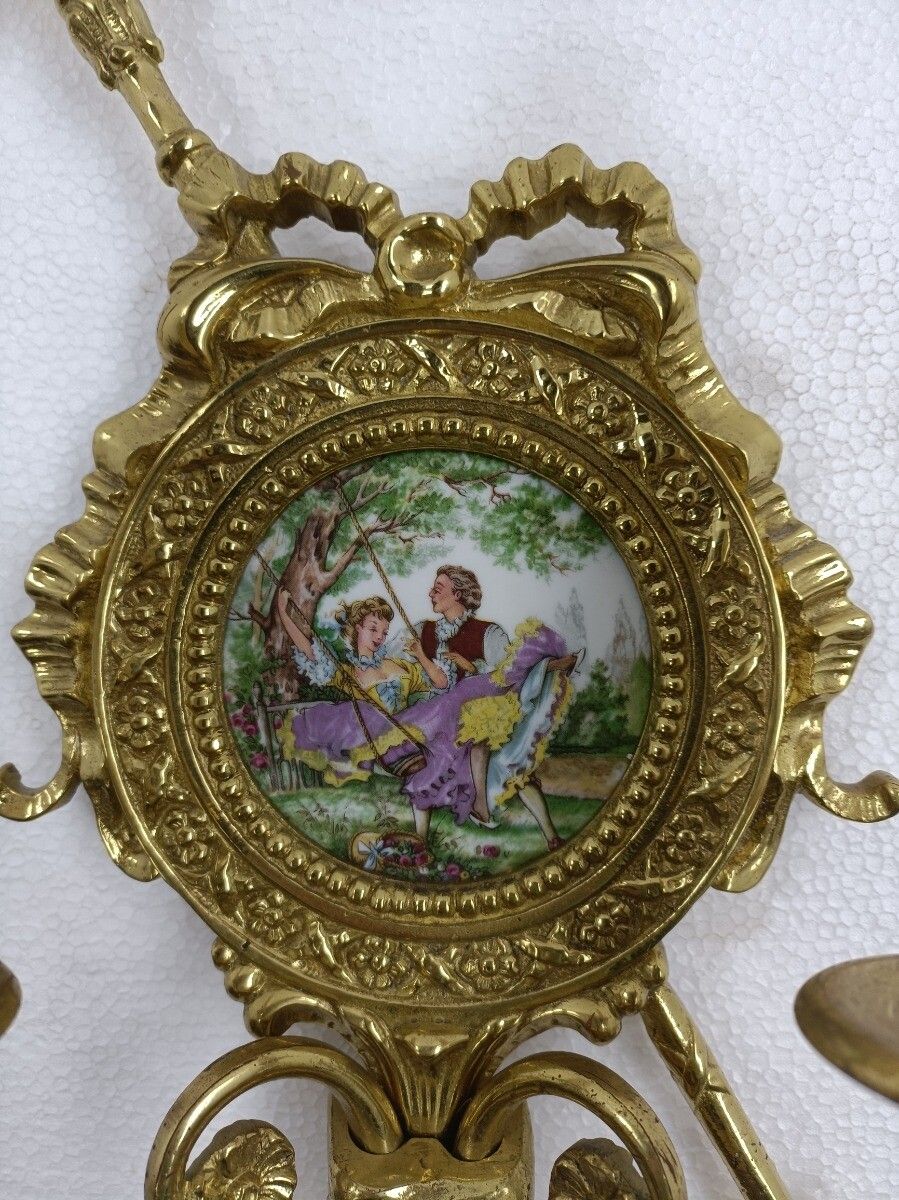 Gorgeous Pair Of Wall Sconces Lights Lamps Bronze Medallions Limoges Fragonard W photo buy