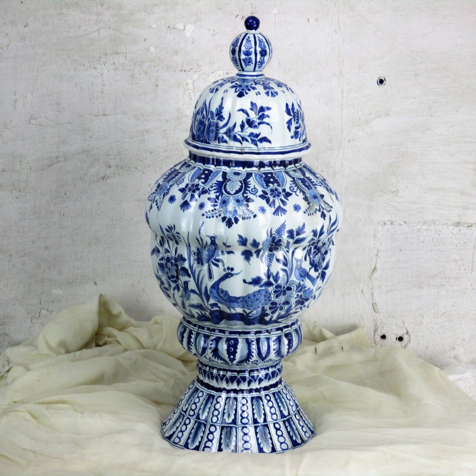 Antique 19th C Xl  Marked The Three Bells Delft Vase Urn Peacocks Htf 20.86" photo furniture