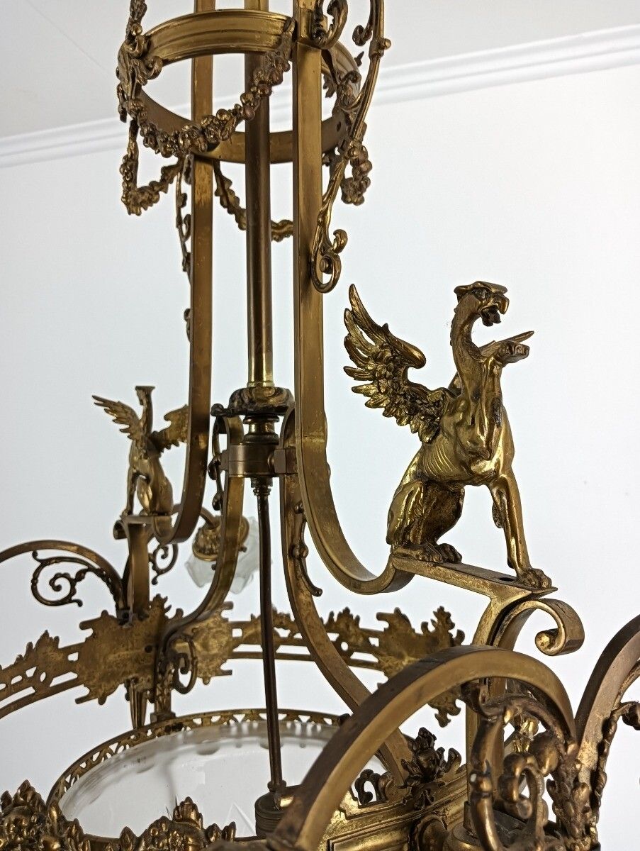 Art Nouveau Chandelier Bronze Doré Coat Of Arms Dragons Huge  5 Lights Stunning photo Lighting