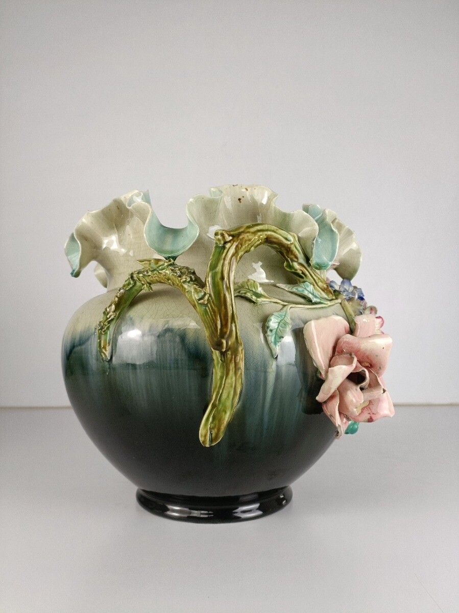 Planter Cache Pot French Pottery Faience Majolica Flowers Art Deco Basket Gorgeo photo furniture