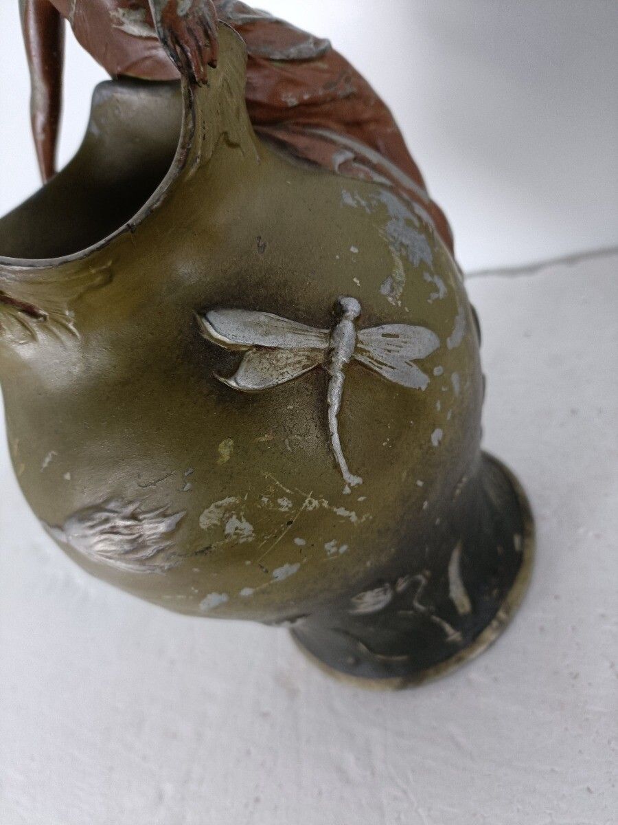 Pair Art Nouveau Vases Figurines Mythical Satyr Seducing Lady Bronze Patinated A photo for sale