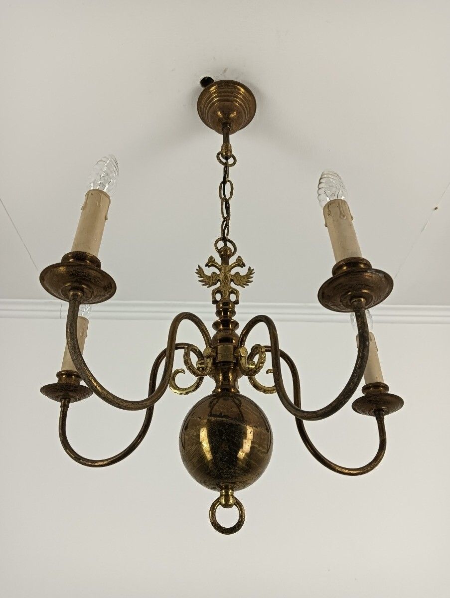 Chandelier 5 Lights Arms Brass Flemish Dutch Mid Century Farm Country Style Vint photo furniture