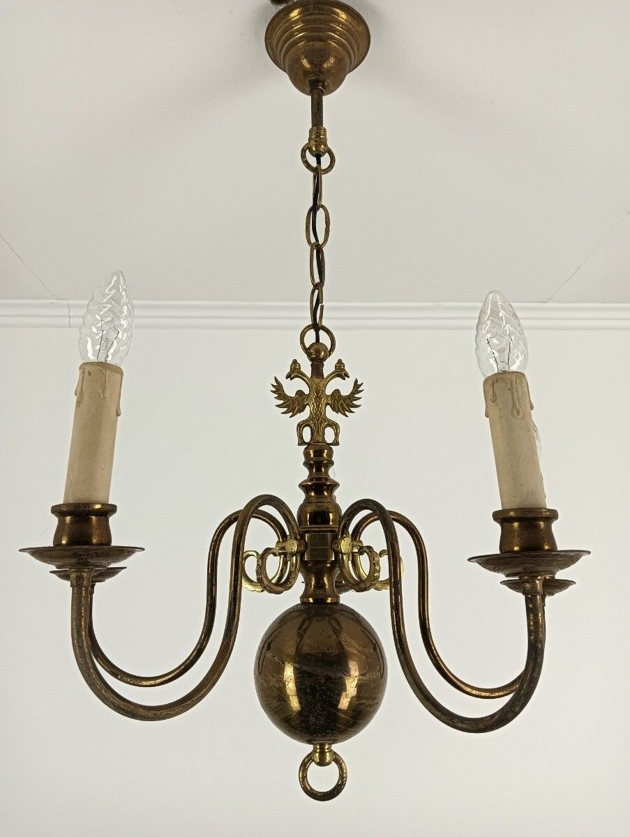 Chandelier 5 Lights Arms Brass Flemish Dutch Mid Century Farm Country Style Vint photo for sale