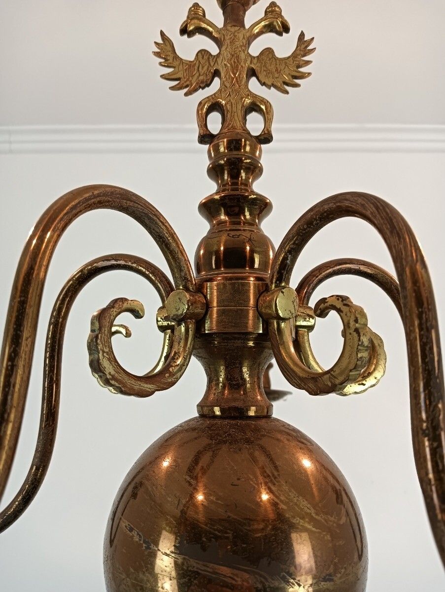 photo furniture Chandelier 5 Lights Arms Brass Flemish Dutch Mid Century Farm Country Style Vint